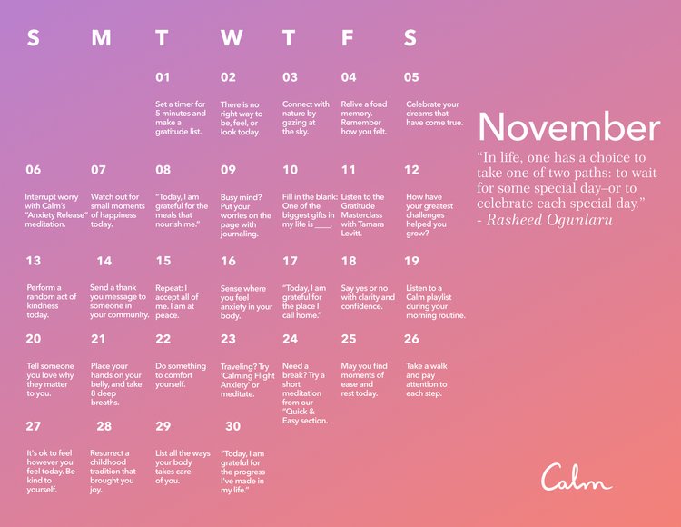 November Mindfulness Calendar